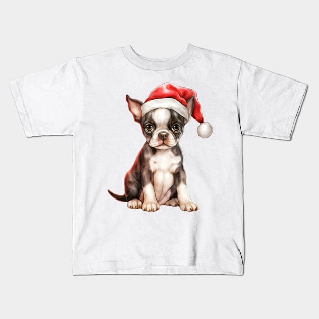 Boston Terrier Dog in Santa Hat Kids T-Shirt by Chromatic Fusion Studio